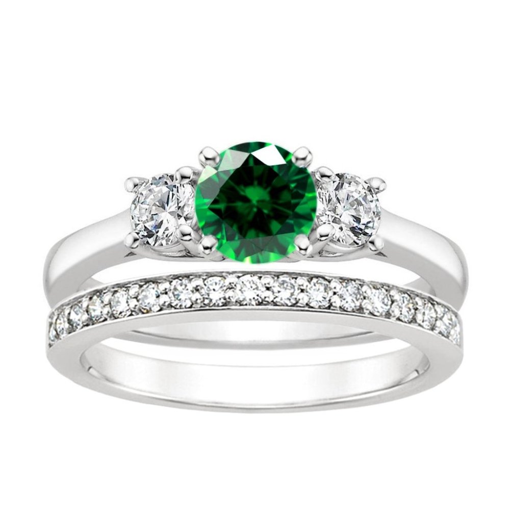 2 pc Green Emerald CZ Stainless Steel Engagement Wedding Anniversary Ring Set